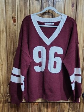 Altar'd State Burgundy V-Neck Sweater with Cream Accents